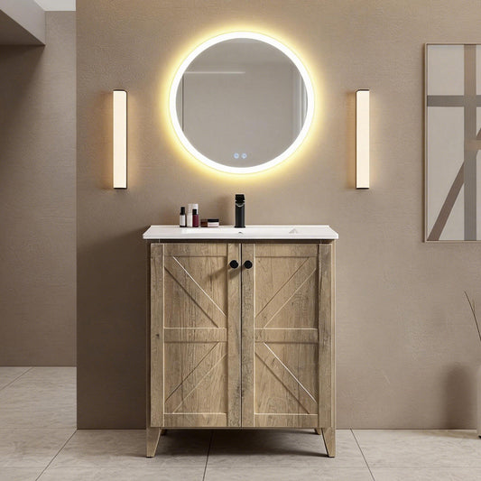 30inch Antique Grey Folding Floor Cabinet With Ceramic Sink  Patented 1-Minute Install  Space-Saving & Easy Assemble American Style