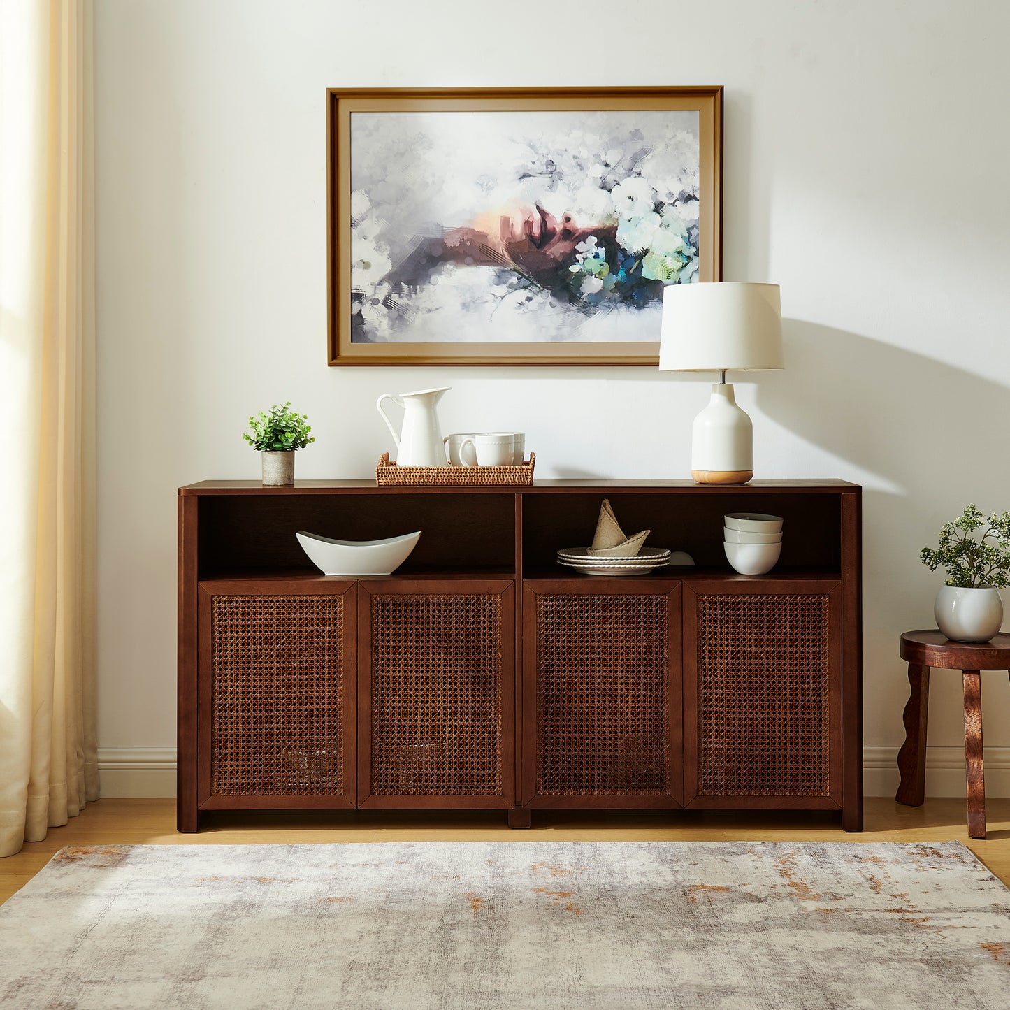 63  Mid Century Modern Rattan Sideboard Buffet Cabinet With Storage, Retro Coffee Bar Wine Bar Credenza, Large Media Console Table For Living Room Entryway Kitchen, Walnut