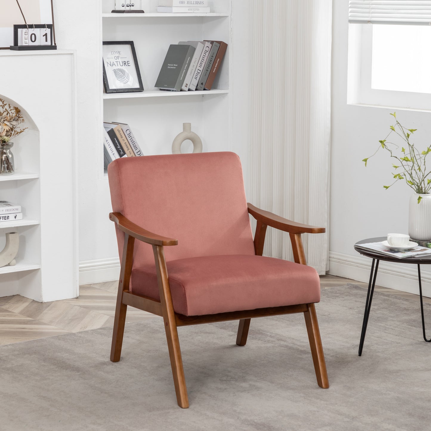 Accent Chair With Velvet Upholstery And Solid Wood Frame, Classic Mid-Century Modern Living Room Furniture For Extra Seating, Rose
