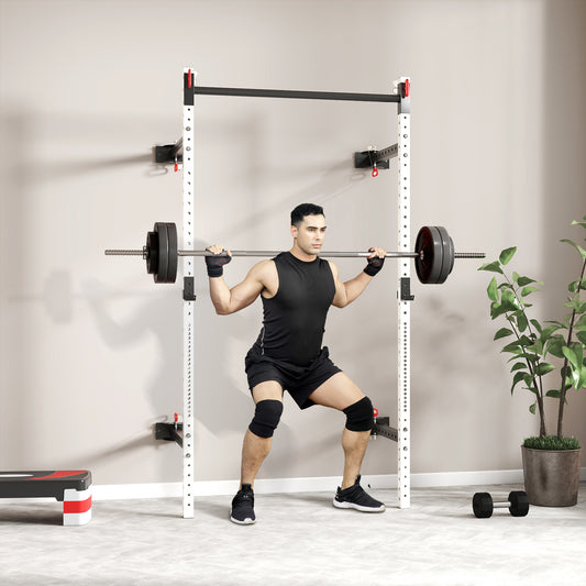 Folding Squat Rack With Pull Up Bar, Wall Mounted And Adjustable, 1000 Pounds Capacity Power Rack, White