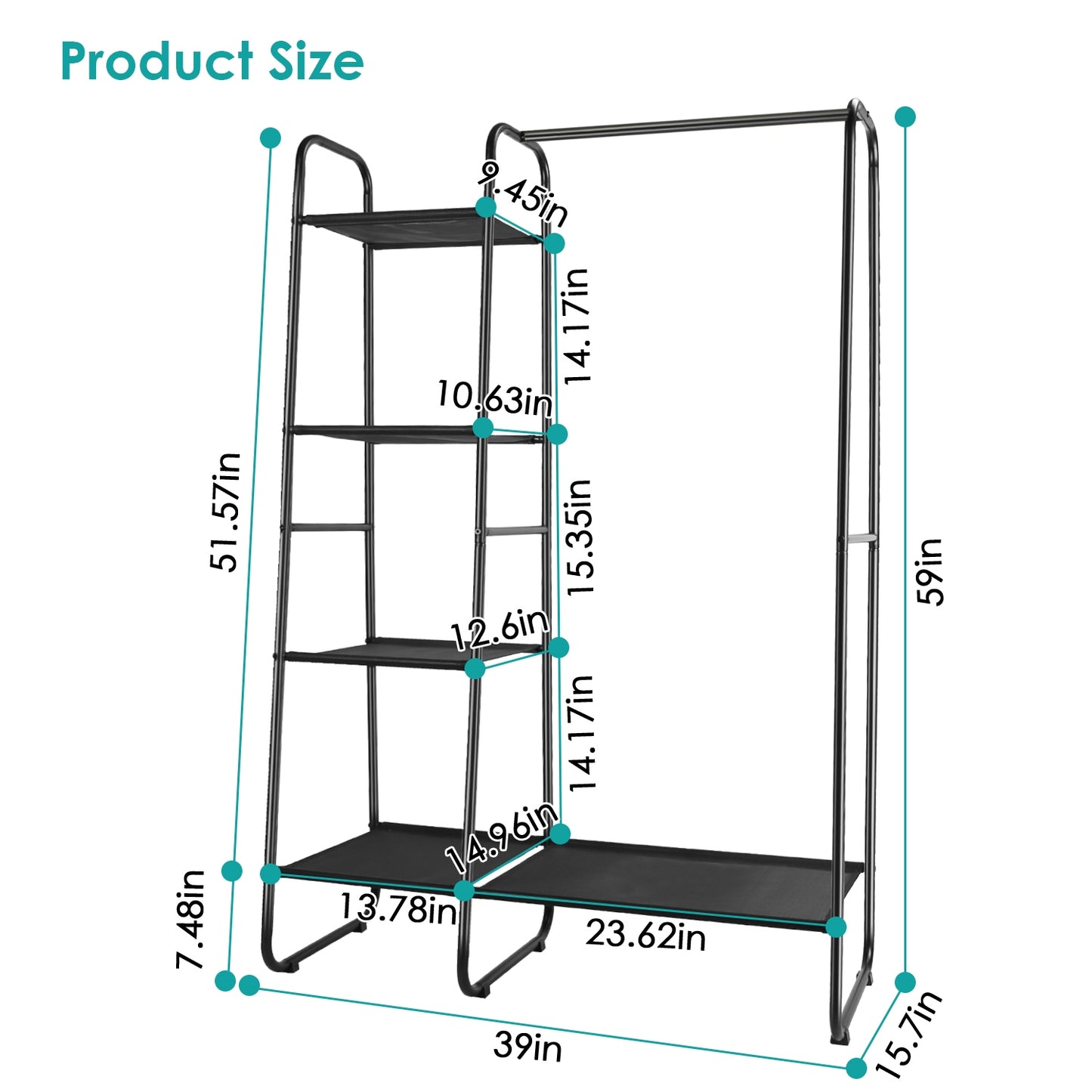 1Pc Metal Garment Hanging Rack Shoe Clothing Organizer Shelves Freestanding Clothing Hanging Rail Clothes Wardrobe Shoe Display Organizer With 1 Hanging Rod 5 Mesh Shelves