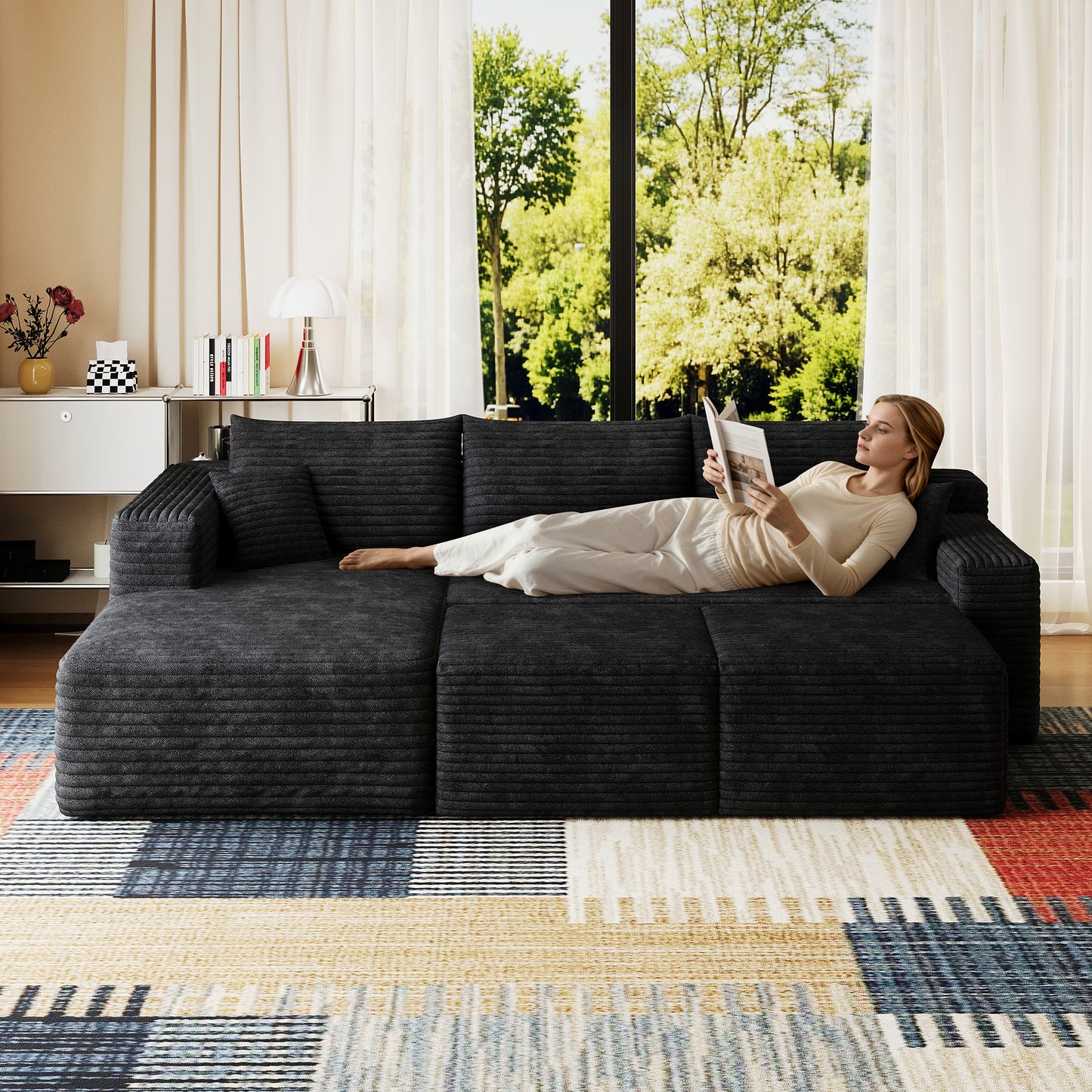 95  Cloud Sectional Sofa With 2 Ottoman,Modern Minimalist Upholstered Couches, Comfort U Shaped Sofa For Living Room,Deep Seat Corner Couch,No Assembly Required,Black  Plush Corduroy Fabric