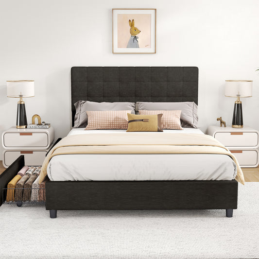 Full Bed Frame Upholstered Vertical Channel Headboard Bed Frame With 4 Storage Drawers Wood Slats No Box Spring Needed Easy Assembly For Bedroom