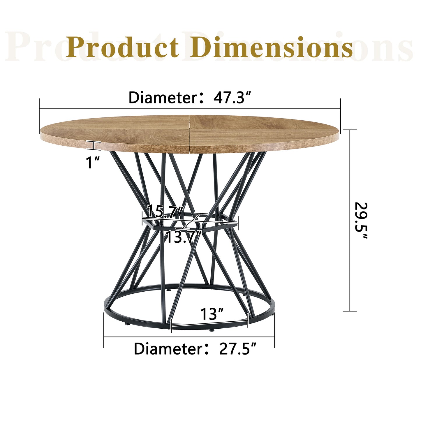 A Circular Dining Table With A Diameter Of 47.3 Inches, Featuring 4 Light Wood Grain MDF Tabletops, Black Hourglass Shaped Metal Brackets, And A Modern Industrial Style Dining Table For 4-6 People.