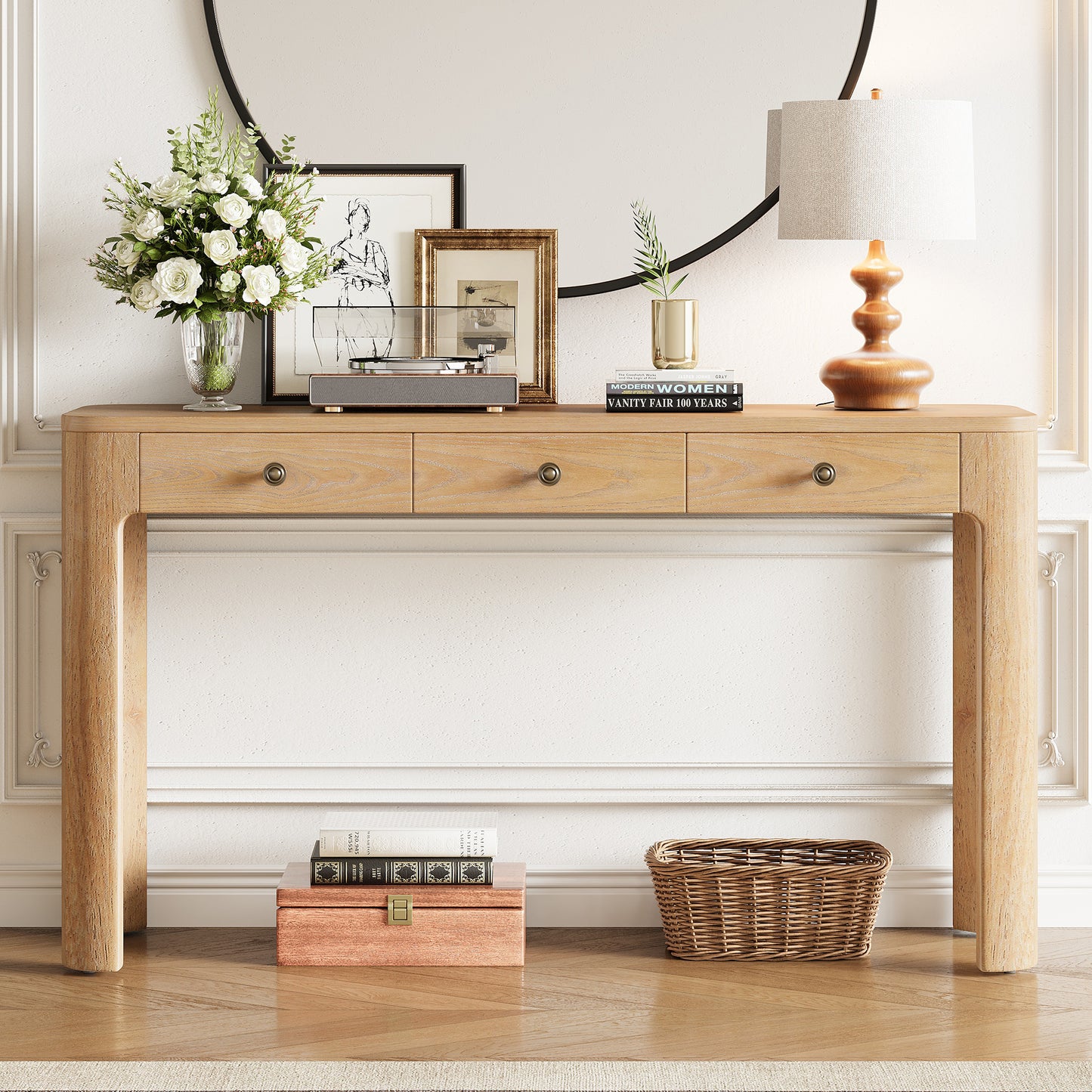 TREXM Rustic Console Table With Curved Corners For Safety  Entryway Table With 3 Concealed Drawers  Sturdy Sofa Table With Thick Legs For Hallway & Living Room  Light Oak