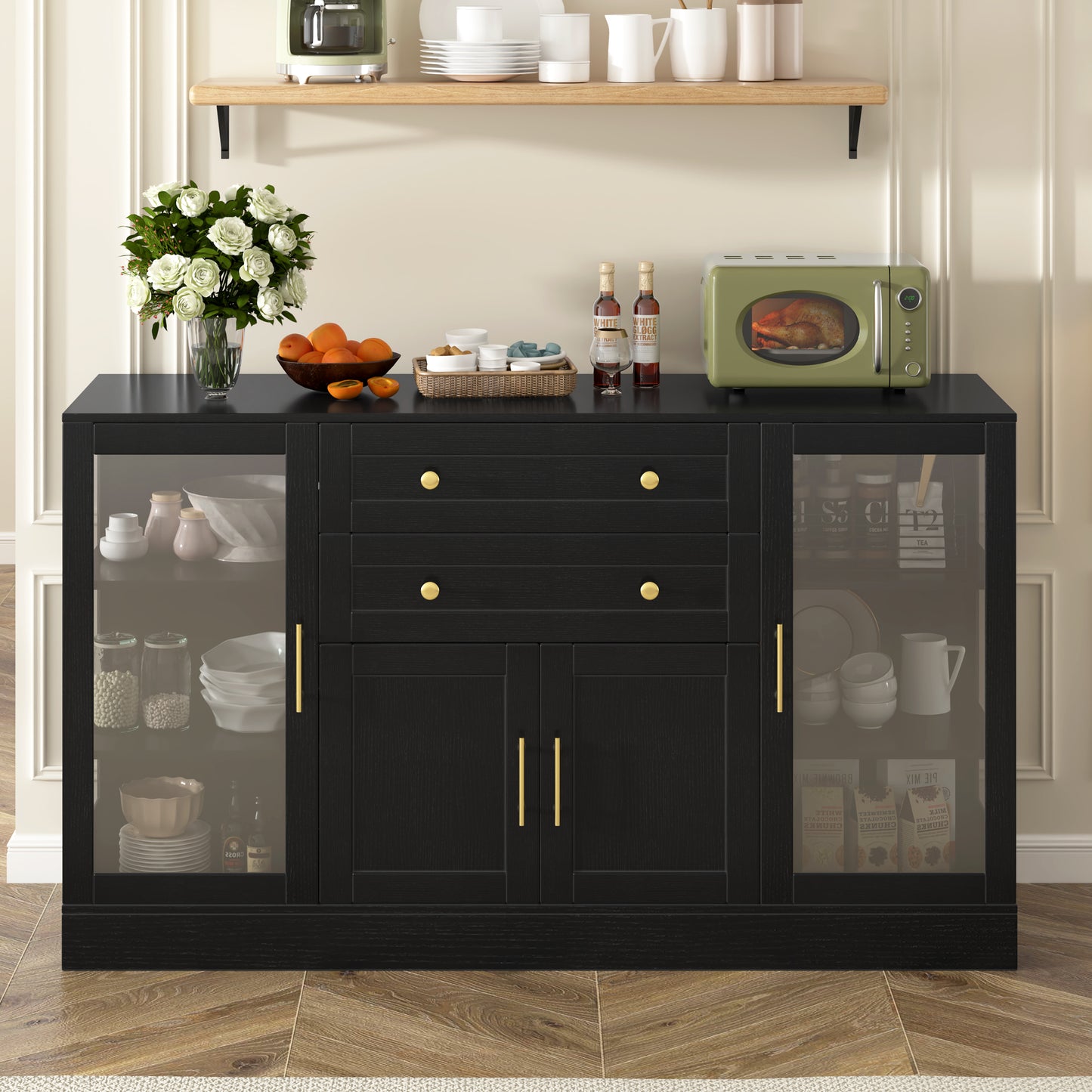 U- Style 58.3  Modern Buffet Sideboard With 4 Doors & 2 Drawers  Adjustable Shelves  Power Outlet  Acrylic Panels  Aluminum Alloy Handles  Storage Cabinet For Dining Room  Living Room And Kitchen