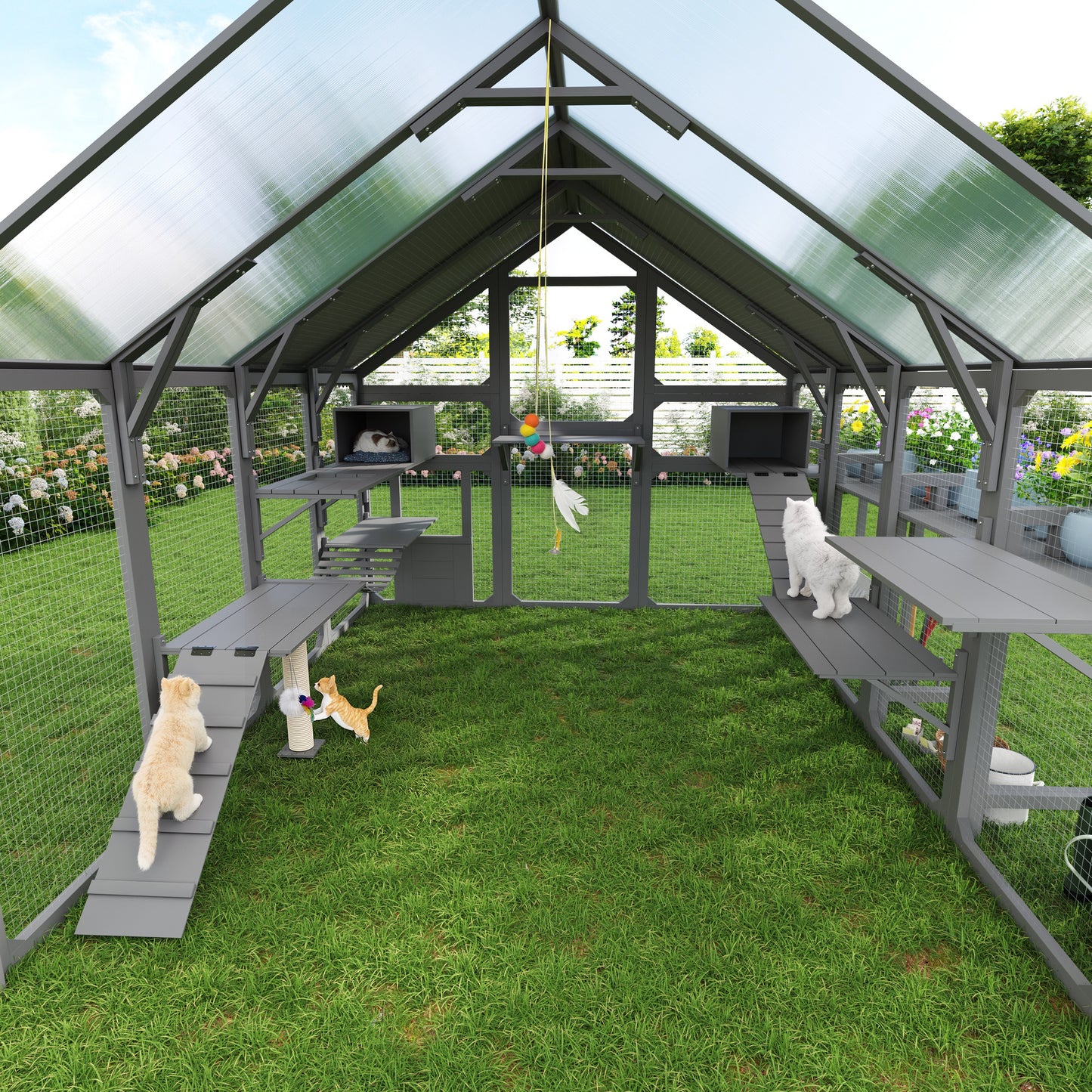 Large Outdoor Cat House With Planter Stand, Wooden Cat Enclosure With Resting Boxes For Multiple Kittens, Hanging Bridge, Platforms,Walk-In Catio Cage  With Waterproof Proof Cover, Grey
