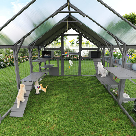 Large Outdoor Cat House With Planter Stand, Wooden Cat Enclosure With Resting Boxes For Multiple Kittens, Hanging Bridge, Platforms,Walk-In Catio Cage  With Waterproof Proof Cover, Grey