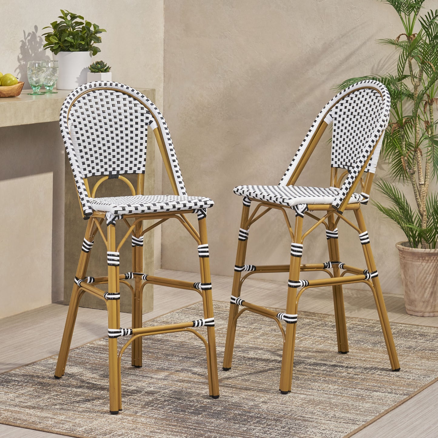 29.5 Outdoor PE Rattan French Barstool, White And Black, Aluminum Frame With Bamboo Finish Set Of 2