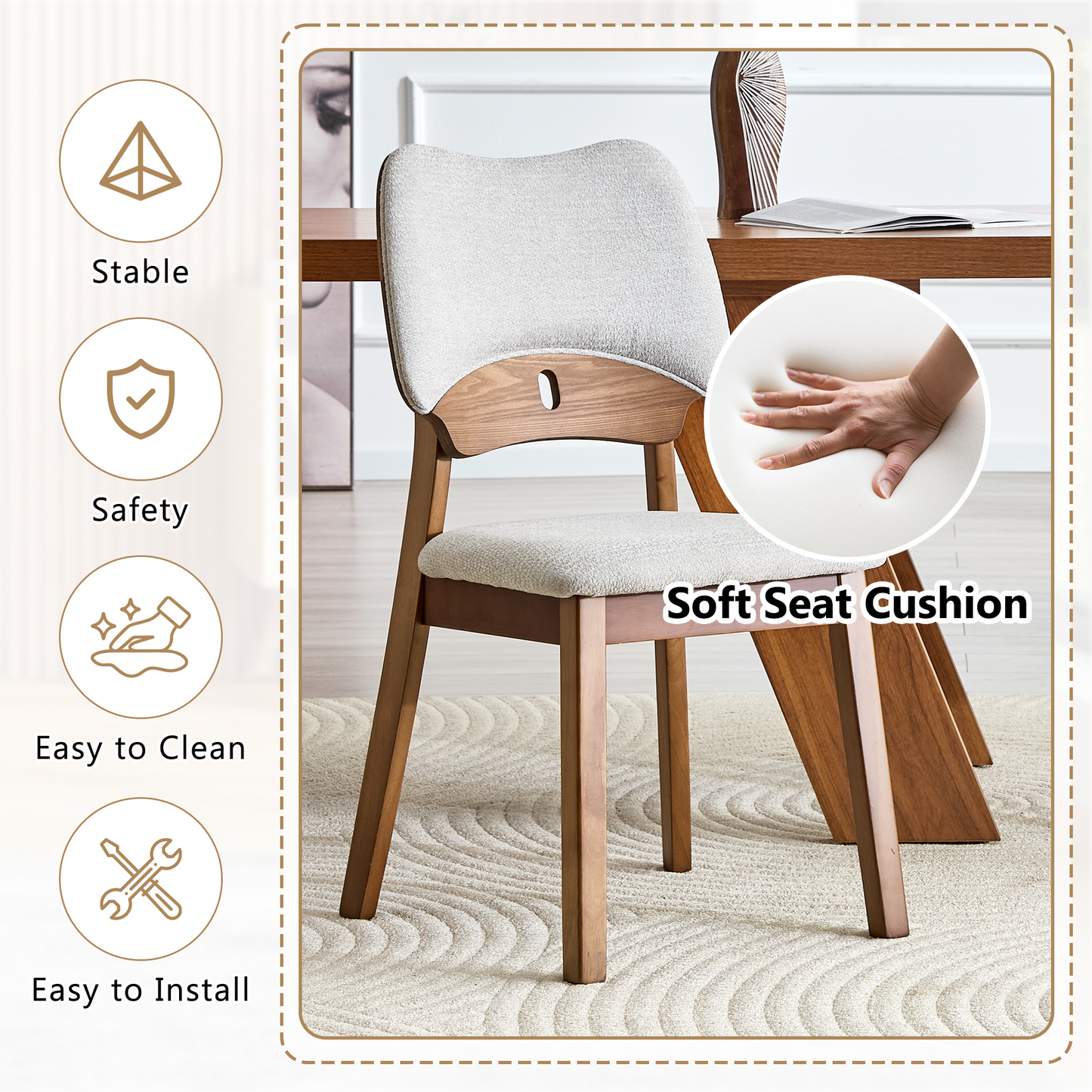 2 Walnut Colored Solid Wood Dining Chairs, With Gray Soft Fabric Packaging On The Backrest And Seat Cushion, Hollowed Out Design Backrest, For Home Dining Chairs.