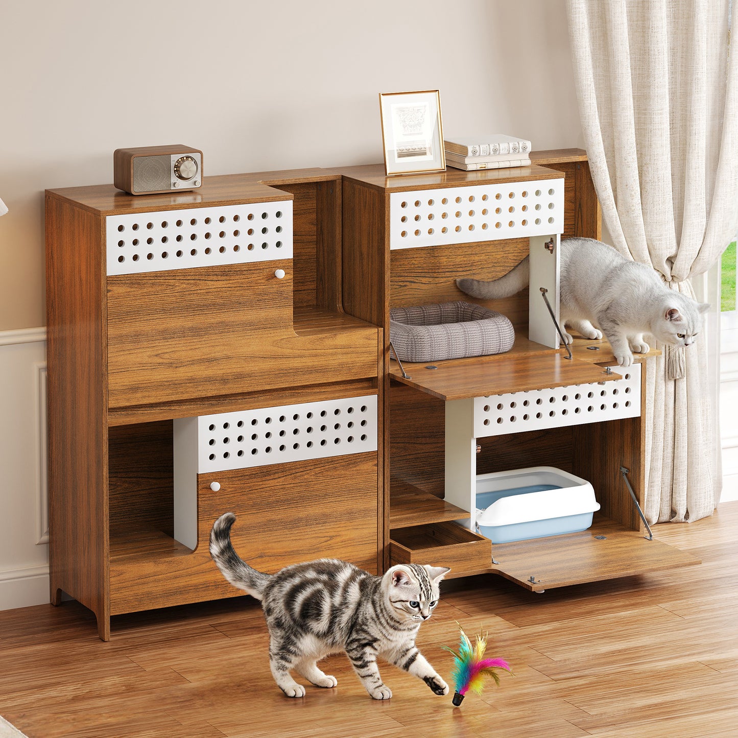 2-Piece Of Modern 2 IN 1 Cat Furniture Set, Cat Litter Box Enclosure Side Table, Cat House With Storage, For 2 Small-Medium Sized Cats - BROWN
