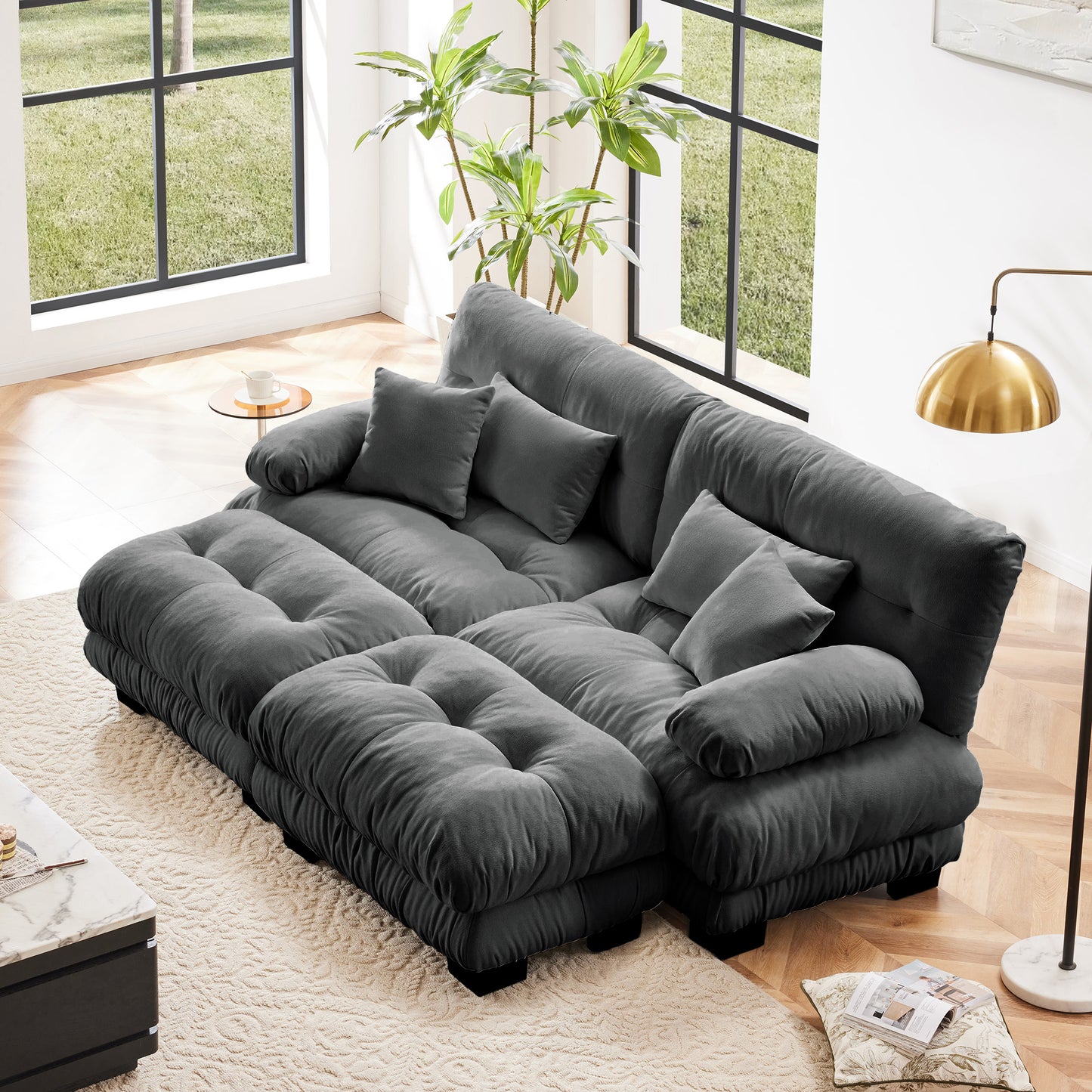 Cloud Couch Sleeper Sofa For Living Room, Chenille 2 Seater Sofa With 2 Lumbar Pillows And 2 Throw Pillows , Upholstered Wide Arm Sofa With 2 Ottomans,Chenille Gray