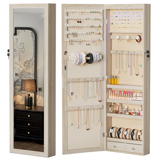 Full-Length Mirror Jewelry Armoire With 6 LED Lights, Wall-Mounted Large, Cosmetics Storage Space, Three Colors