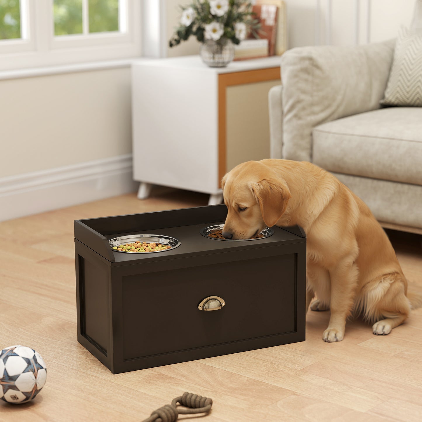 Pet Feeding Station Pet Dish Bowl Set With Storage, 2 Elevated Dog Bowls For Large Sized Dogs, Coffee