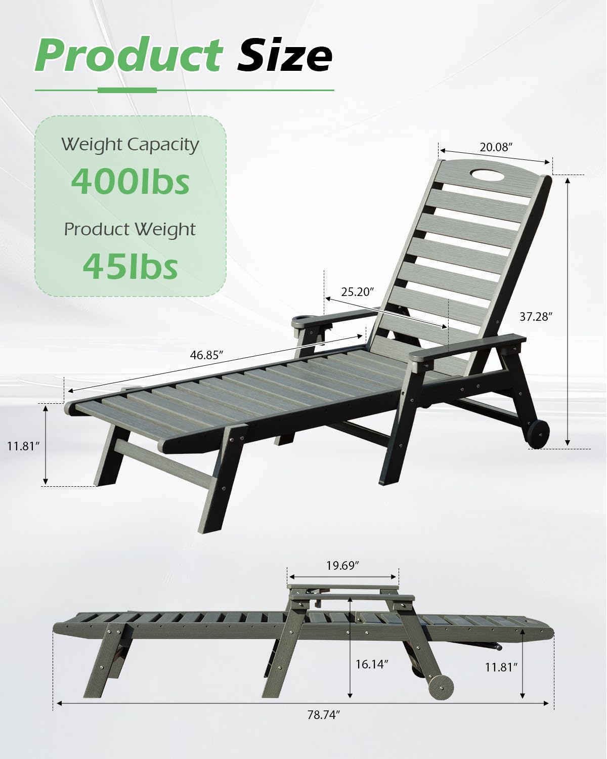Outdoor Lounge Chairs Set Of 2, HDPE Pool Chaise Lounge Chairs For Poolside, Pool Loungers For Outside, Patio, Sunbathing Tanning, Grey