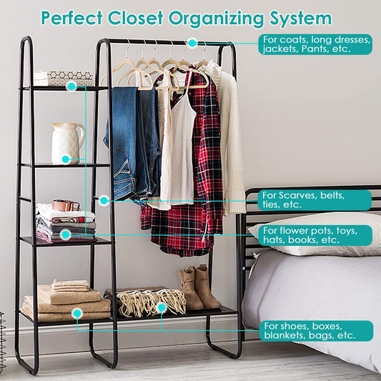 1Pc Metal Garment Hanging Rack Shoe Clothing Organizer Shelves Freestanding Clothing Hanging Rail Clothes Wardrobe Shoe Display Organizer With 1 Hanging Rod 5 Mesh Shelves