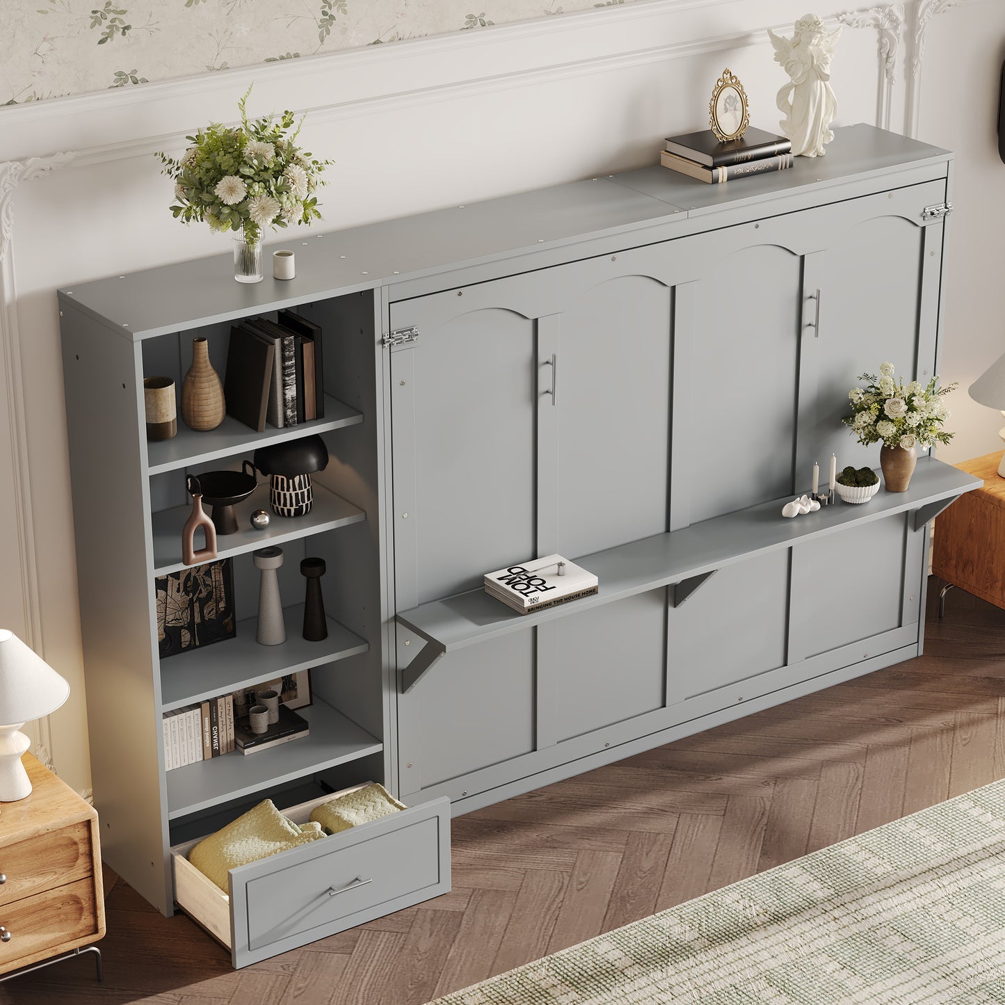 Queen Size Murphy Bed With Height Adjustable Storage Compartments And Shelf, Wall Bed Frame With 1 Drawer, Multifunctional Foldable Platform Bed For Bedroom,Guest Room, Gray OLD
