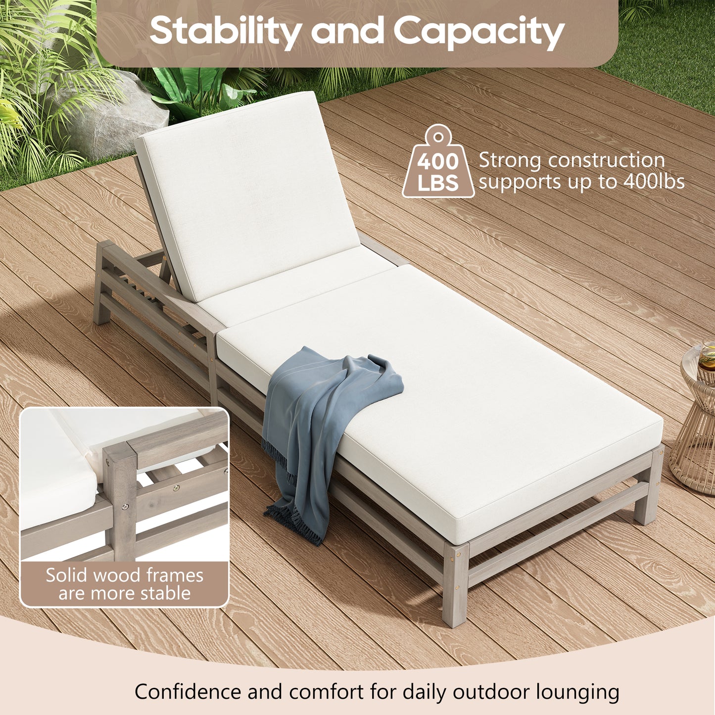 TREXM 5-Position Adjustable Outdoor Chaise Lounge Set Of 2  Solid Wood Patio Recliner Chair With Thick Cushions  Weather-Resistant For Pool  Balcony & Garden  Gray