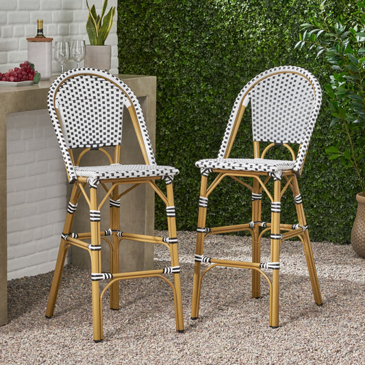 29.5 Outdoor PE Rattan French Barstool, White And Black, Aluminum Frame With Bamboo Finish Set Of 2