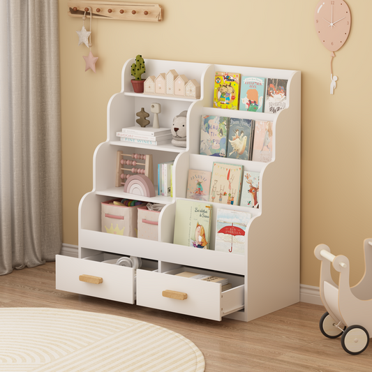 Kids Bookshelf With 2 Storage Drawers, Front-Facing Children's Bookcase And Toy Organizer, Multi-Tier Reading Shelf For Toddlers, Playroom, Bedroom, Or Nursery - White