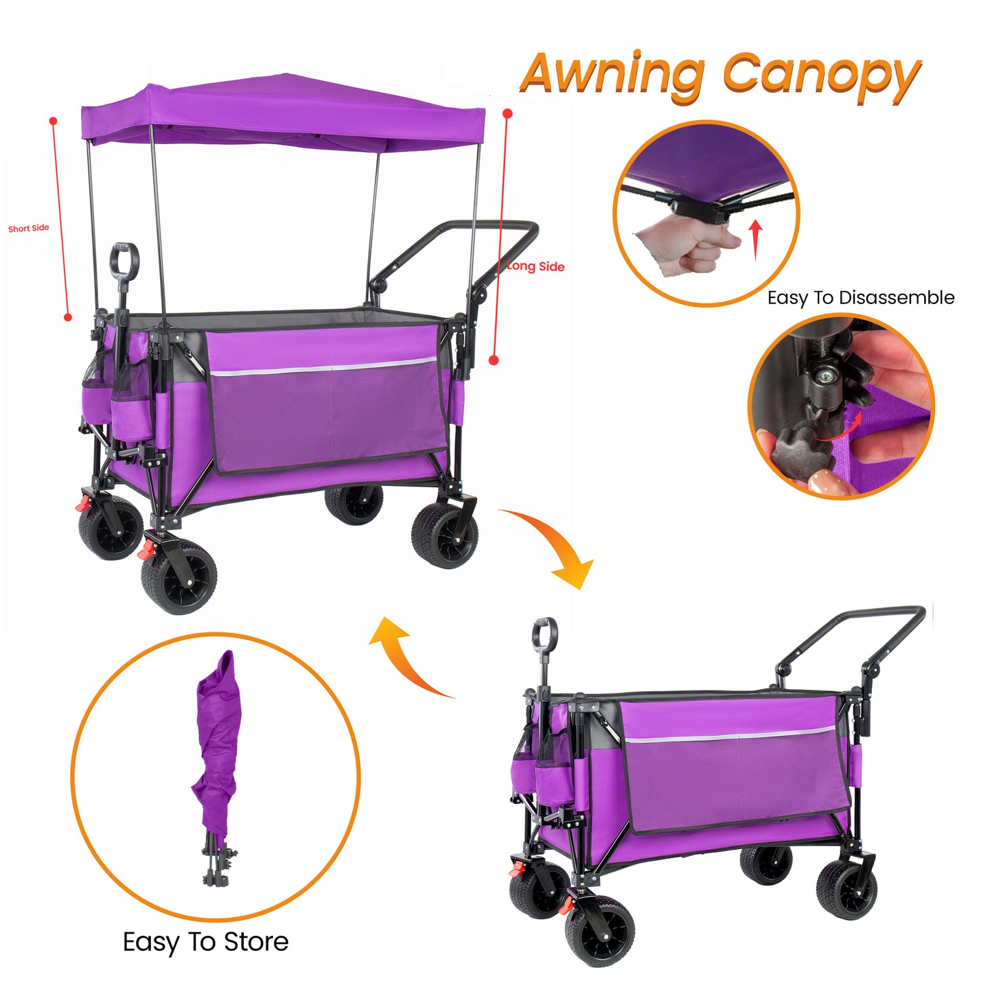 Multi-Functional Push-Pull Folding Wagon Cart With Rotating Handle & Canopy 7x4All- Terrain Wheels & Brakes Load Capacity 480lbs 300L Large Capacity For Transport Groceries Outdoor Use Purple