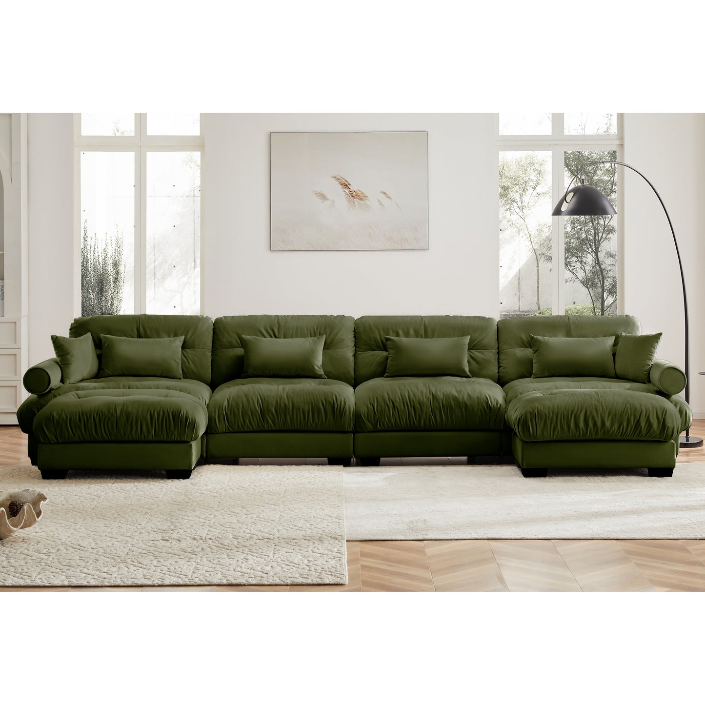 U Shaped Sectional Sofa Cloud Couch With Movable Ottomans,Convertible Deep 4 Seater Modern Velvet Comfy Upholstered Corner Couch With Blostered Armrests, Waist Pillow And Throw Pillows,Olive Green