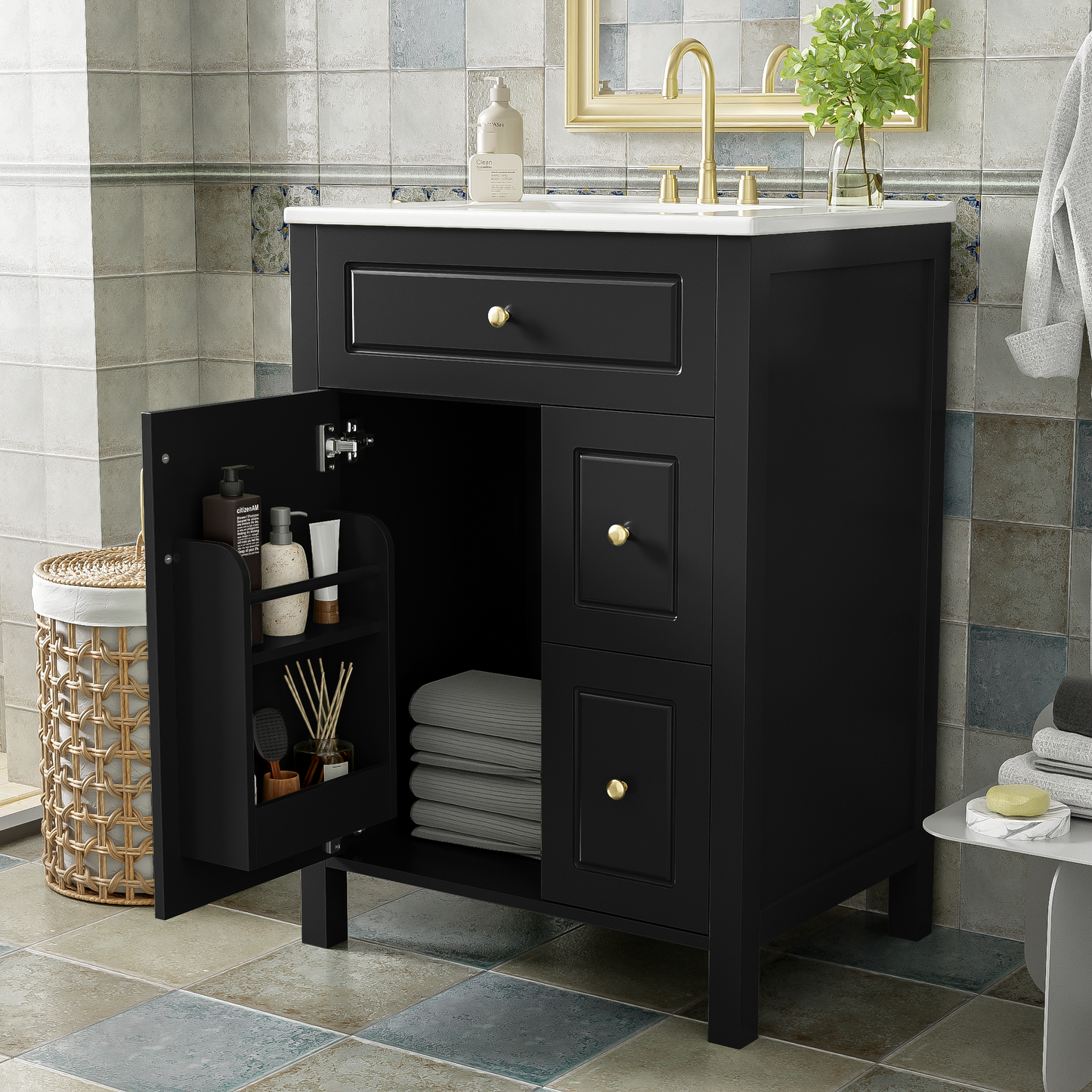 24-Inch Bathroom Vanity With Ceramic Sink, 1 Soft Close Door, 2 Soft Close Drawers, And Double Storage Racks On The Door