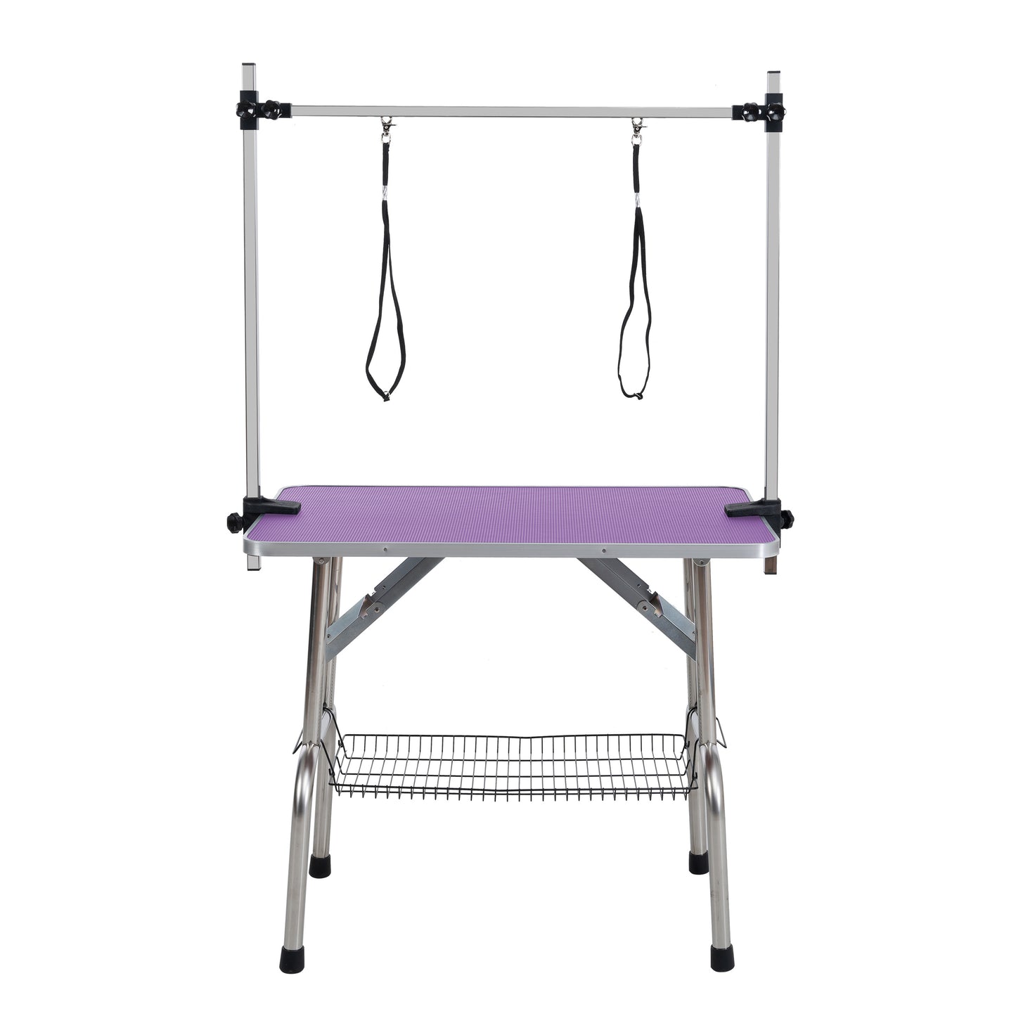 42  Folding Dog Pet Grooming Table Stainless Steel Frame Rubber Mat On Board With Adjustable Arm And Clamps Pet Dog Cat Grooming Table  PURPLE COLOR