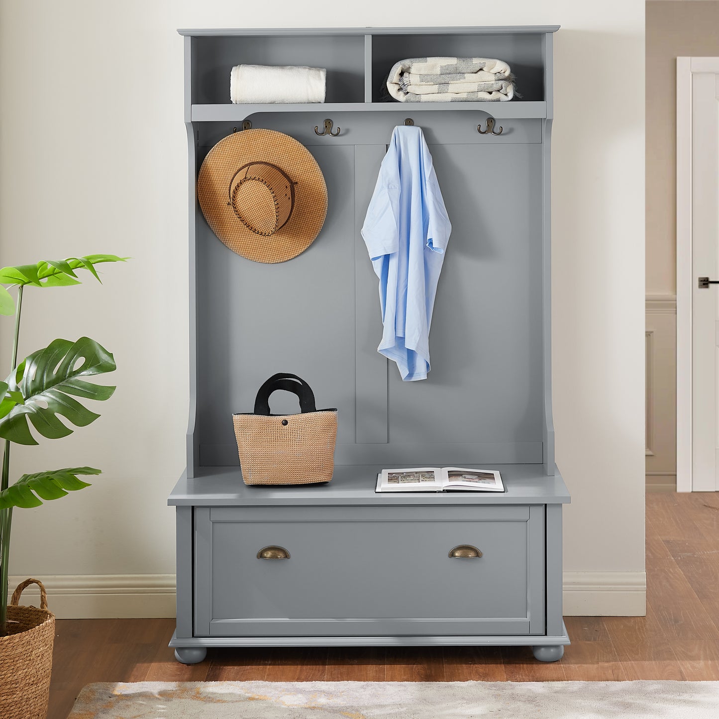 Modern Classic Hall Tree With Shoe Rack Bench And Coat Hooks For Hanging Storage, Entryway Bench With Open Shelves And Shoe Cabinets 40.16 Wx18.58 Dx64.17 H GRAY