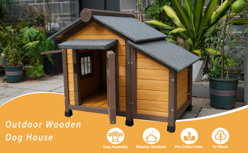 45 Inch Solid Wood Dog House, Cozy Outdoor Shelter For Medium & Small Dogs With Lockable Ventilated Door, Waterproof Insulated Felt Roof & Charming Design