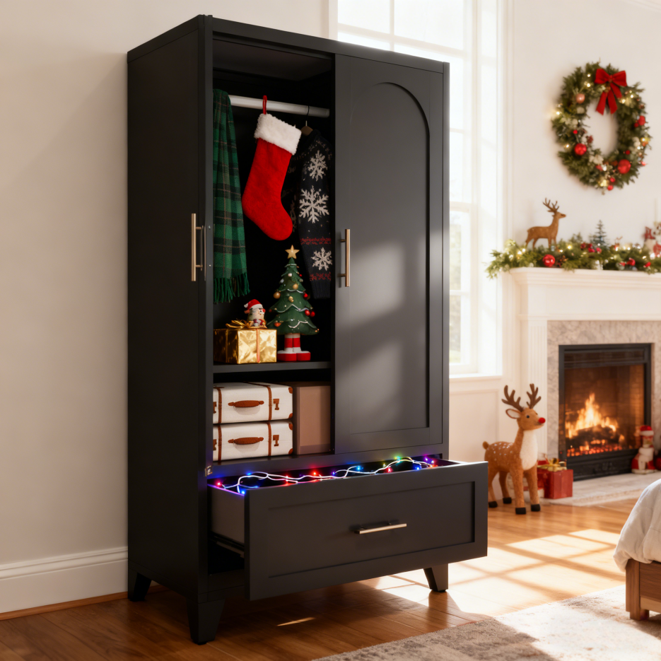 60inch Tall Metal Wardrobe Cabinet With 1 Drawer And Hanging Rod, 2 Doors Wardrobe Closet With Shelf For Bedroom, Office, Laundry Room,Entryway ,Foyer,Guesthouse Black