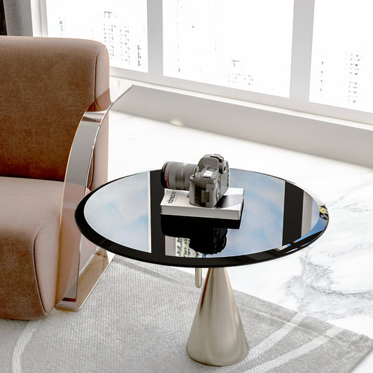 24  Inch Round Tempered Glass Table Top Black Glass 0.5  Inch Thick Beveled Polished Edge