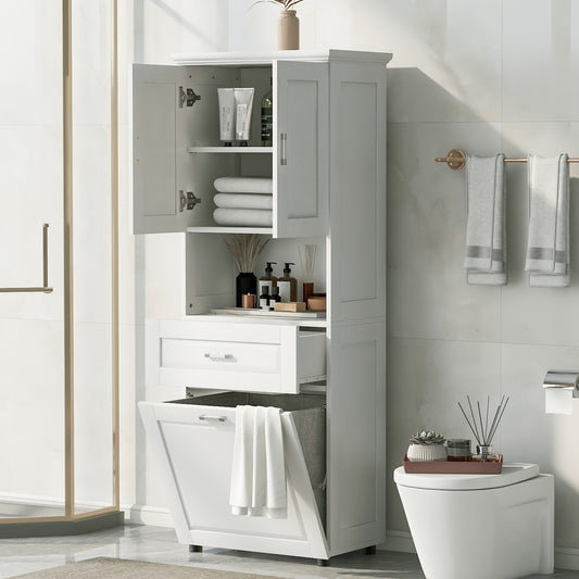 Tall Bathroom Cabinet With Laundry Basket, Large Storage Space Tilt-Out Laundry Hamper And Upper Storage Cabinet, White
