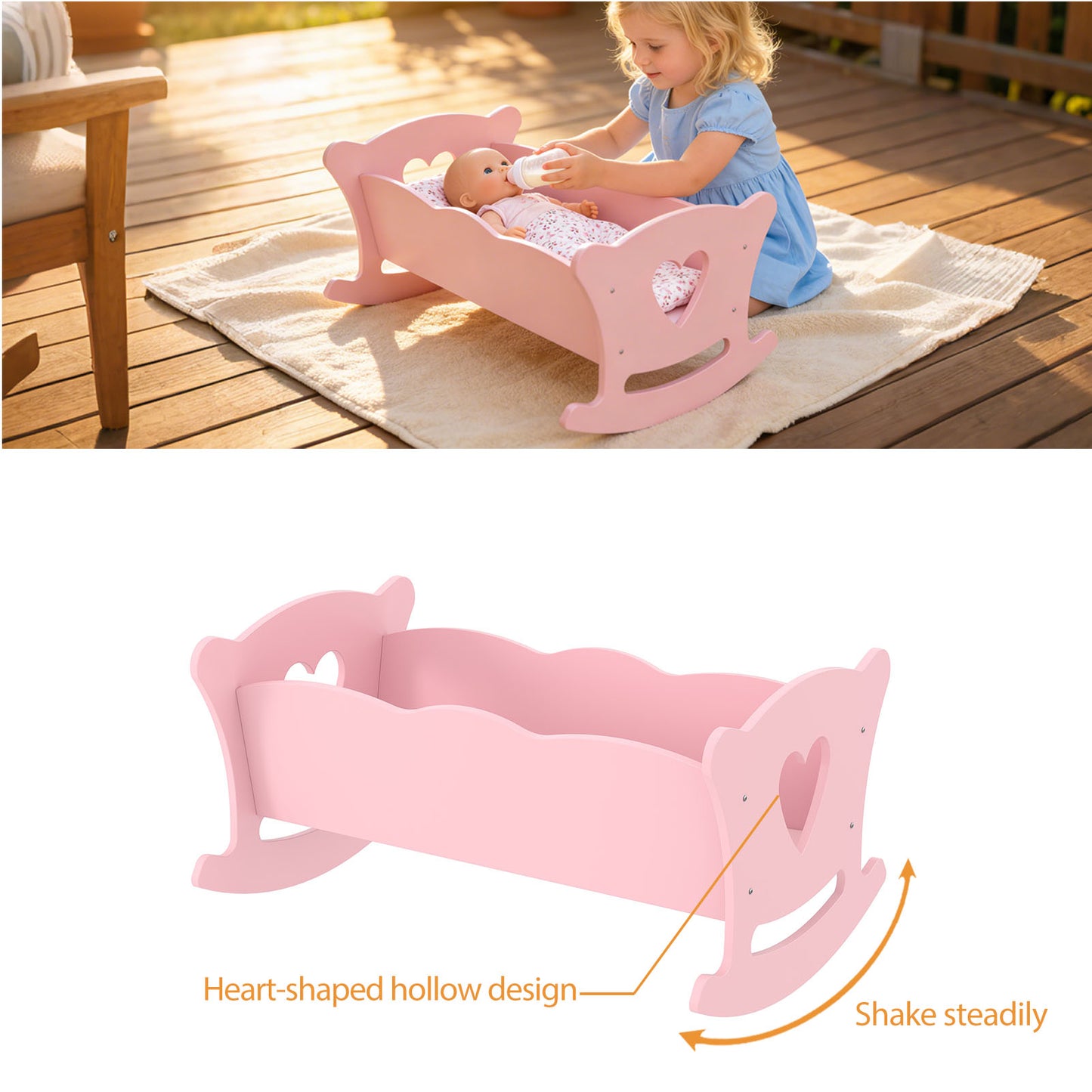 Wooden Cradle For 20 Inch Dolls Kids Role Play Easy Assembly Baby Doll Bed With Pillow Mattress Pink