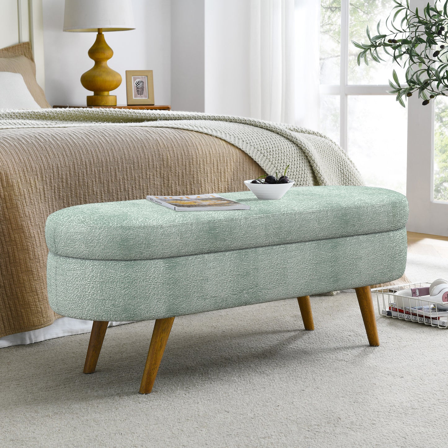Ottoman Oval Storage Bench,Rubber Wood Legs, Gray 43.5x16x16 Cyan