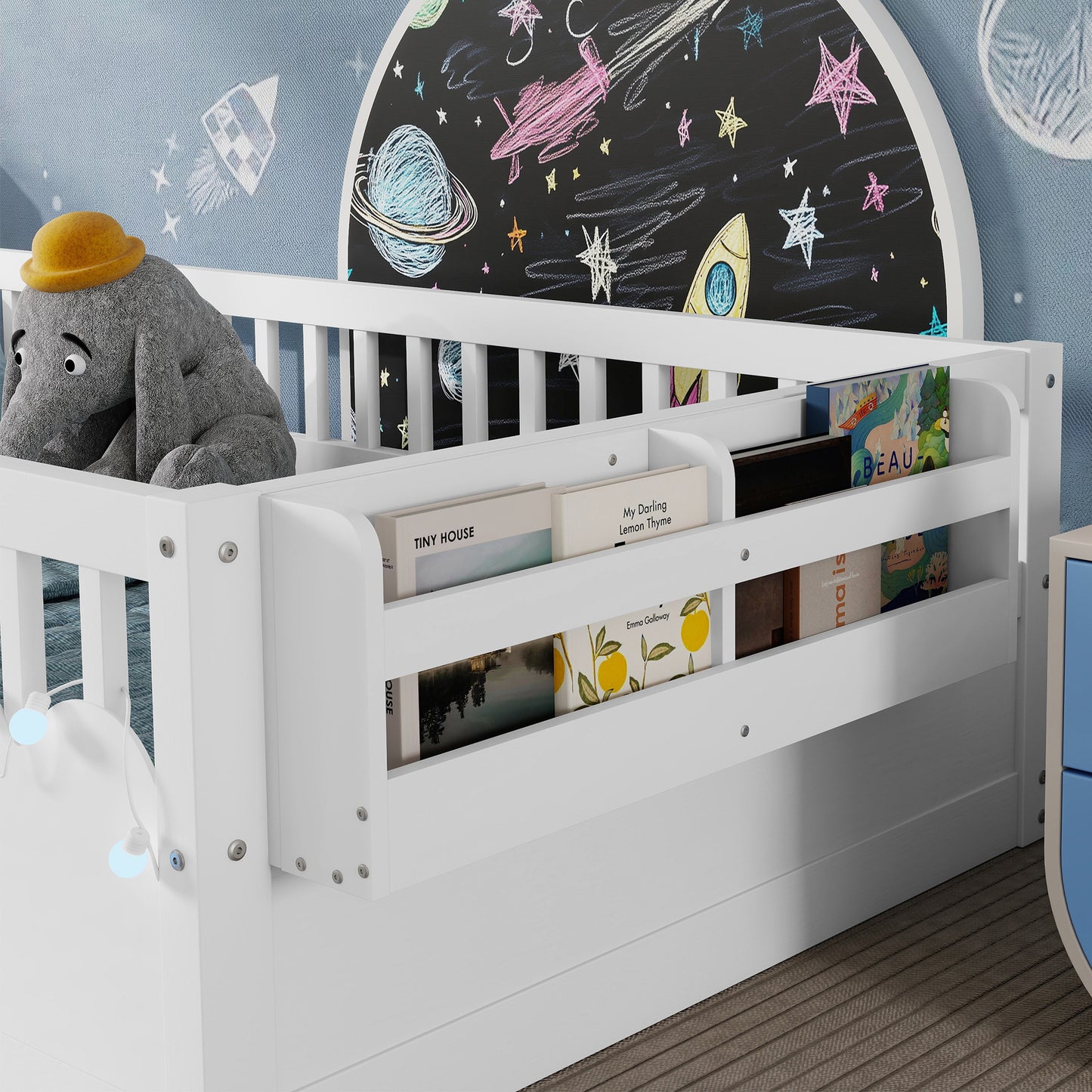 Twin Montessori Floor Bed Frame With High Rails, Wood Kids Floor Beds With Light And Storage Shelf, White Expect Arrival Date 2025 8 15