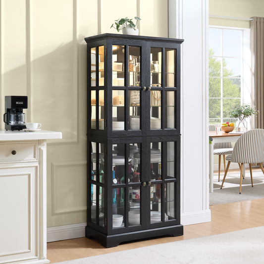 Curio Display Cabinet, Antique Display Cabinet With Glass Doors Adjustable Shelves For Collectibles Four Door Design Vintage Showcase For Home Or Office Antique Display Case E26 Bulb Included BLK