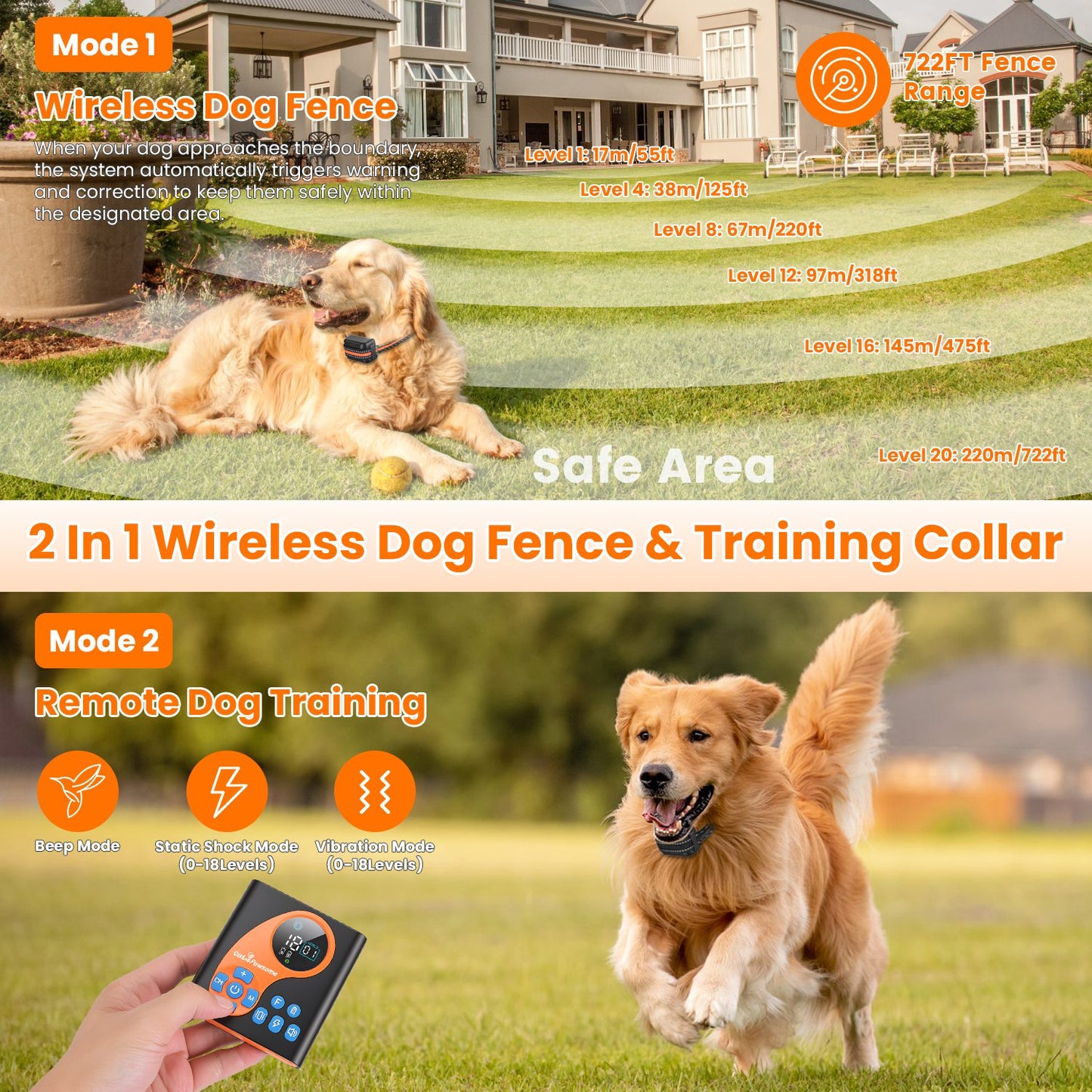 2 In 1 Wireless Dog Fence System With Training Collar Invisible Dog Fence IP68 Waterproof With 722FT Adjustable Range Beep Vibration Static Shock