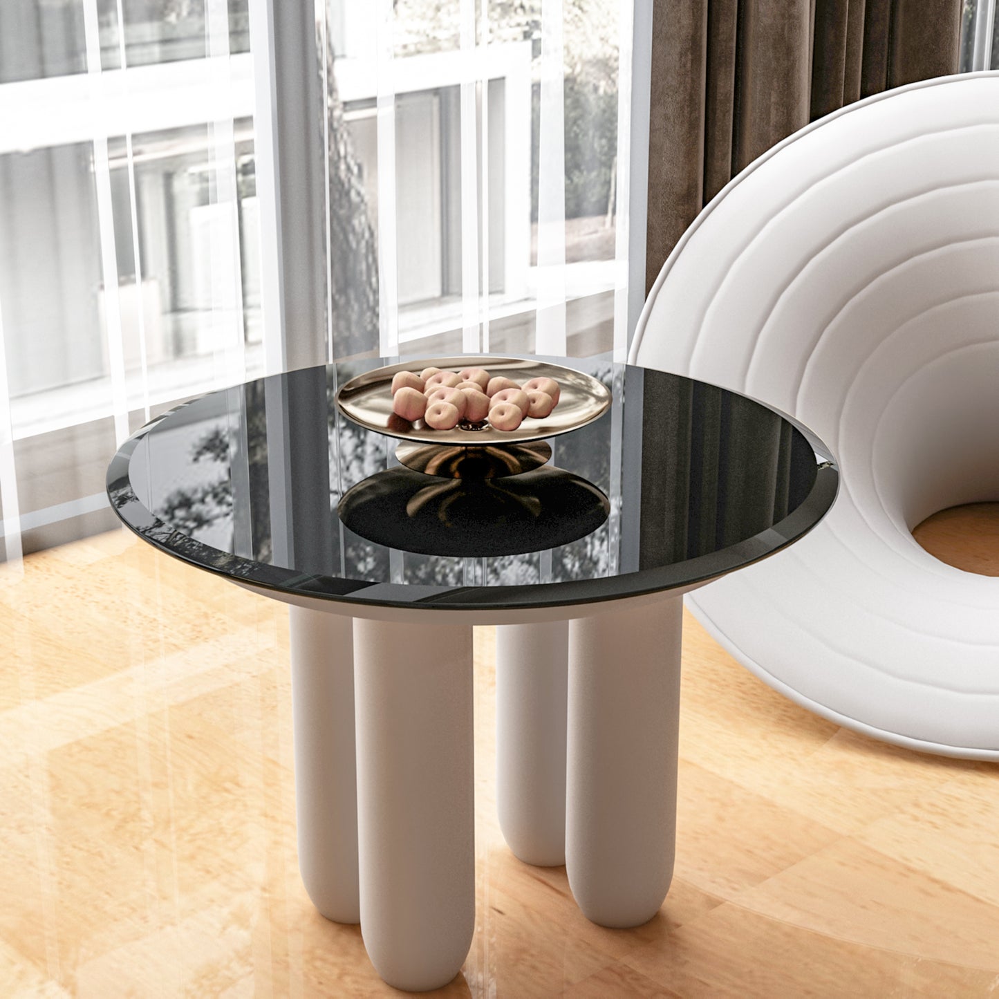 24  Inch Round Tempered Glass Table Top Black Glass 0.5  Inch Thick Beveled Polished Edge