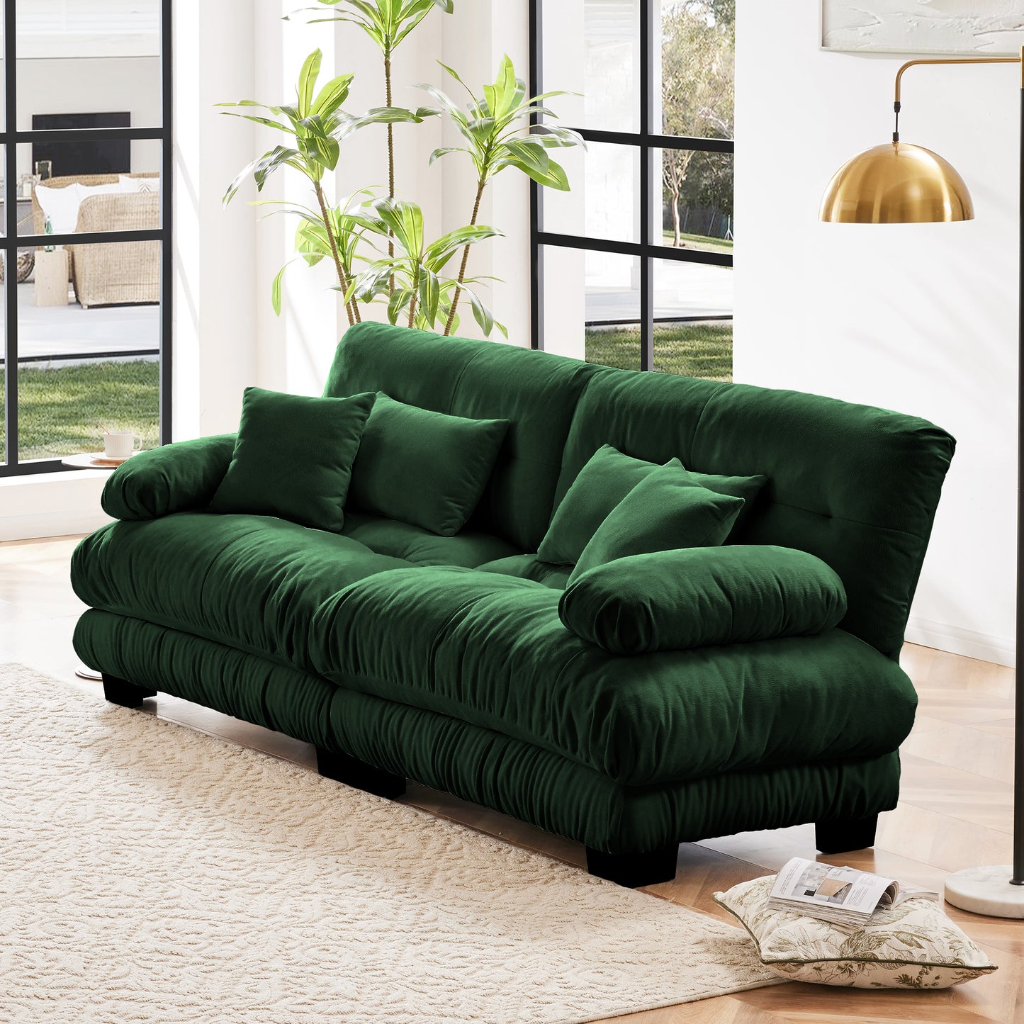 Cloud Couch 2 Seater Sofa For Living Room, Chenille 2 - Seat Sofa With 2 Lumbar Pillows And 2 Throw Pillows,Chenille Green