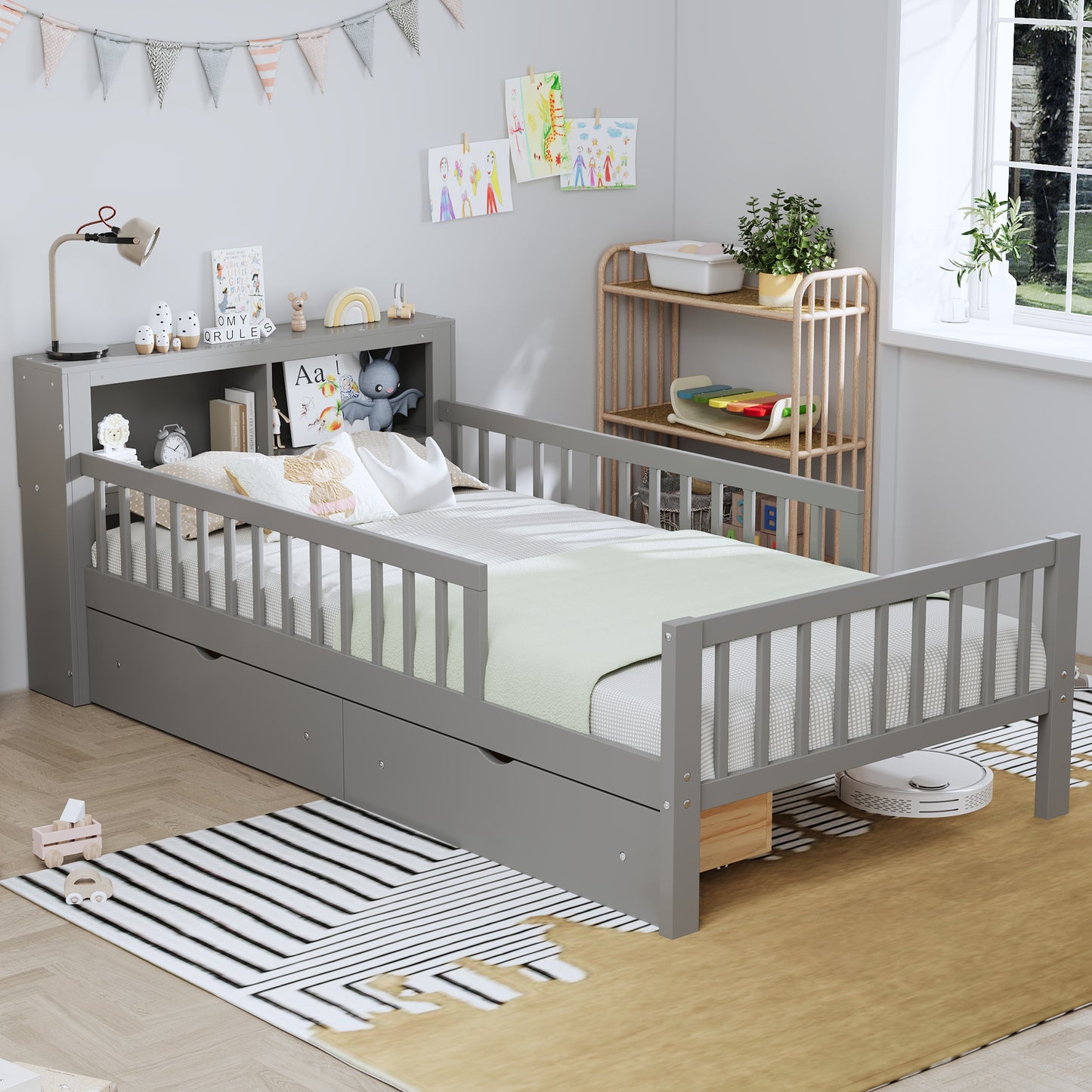 Twin Size Bed With Headboard Storage Rack, Two Under-Bed Drawers, Three-Side Guardrails For Safety And Security,Gray