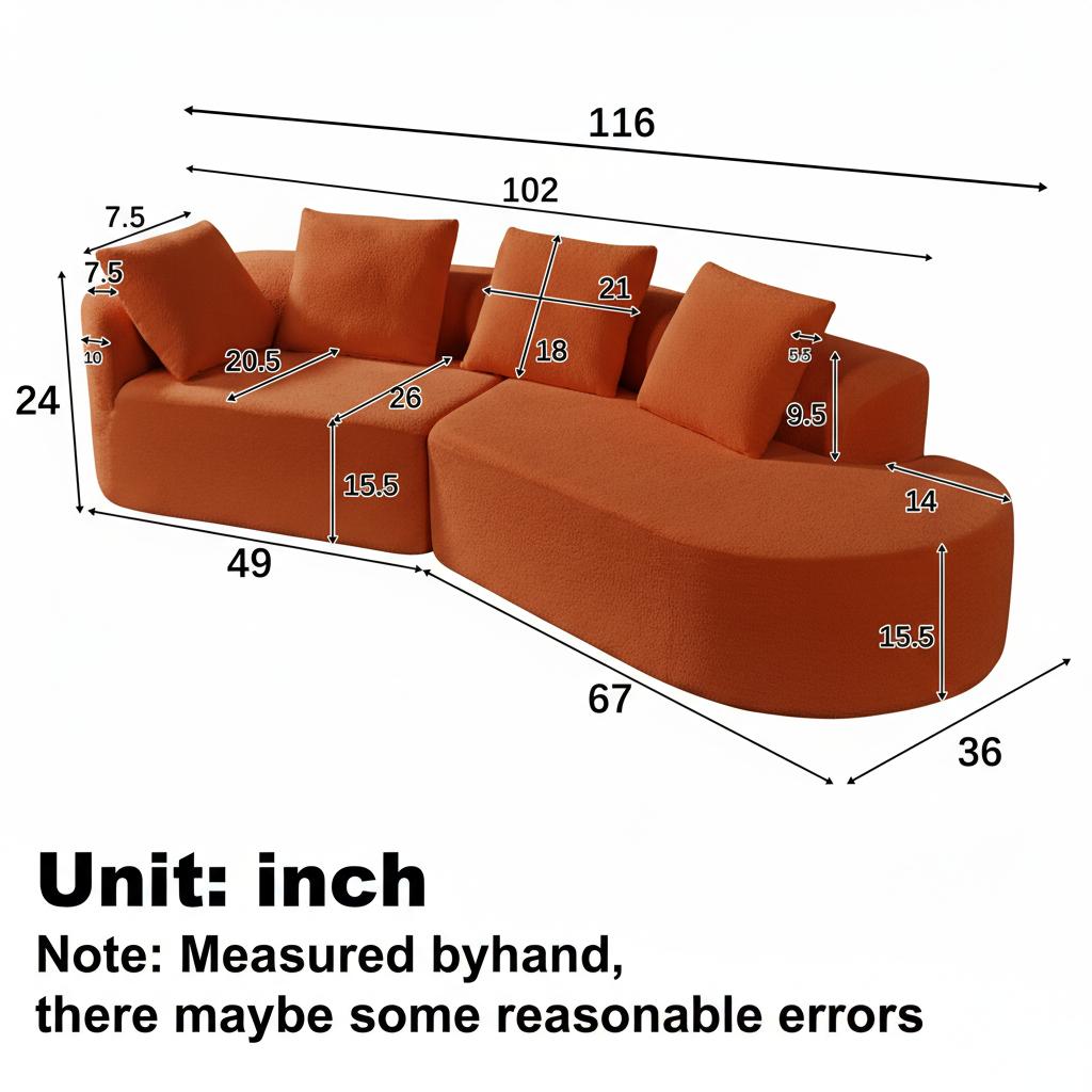 116  Modern Curved Sectional Sofa With High-Density Fully Compressed Sponge And Chaise Lounge, 2-Piece Set, Fully Assembled Right Hand Facing, Perfect For Living Room, Lounge