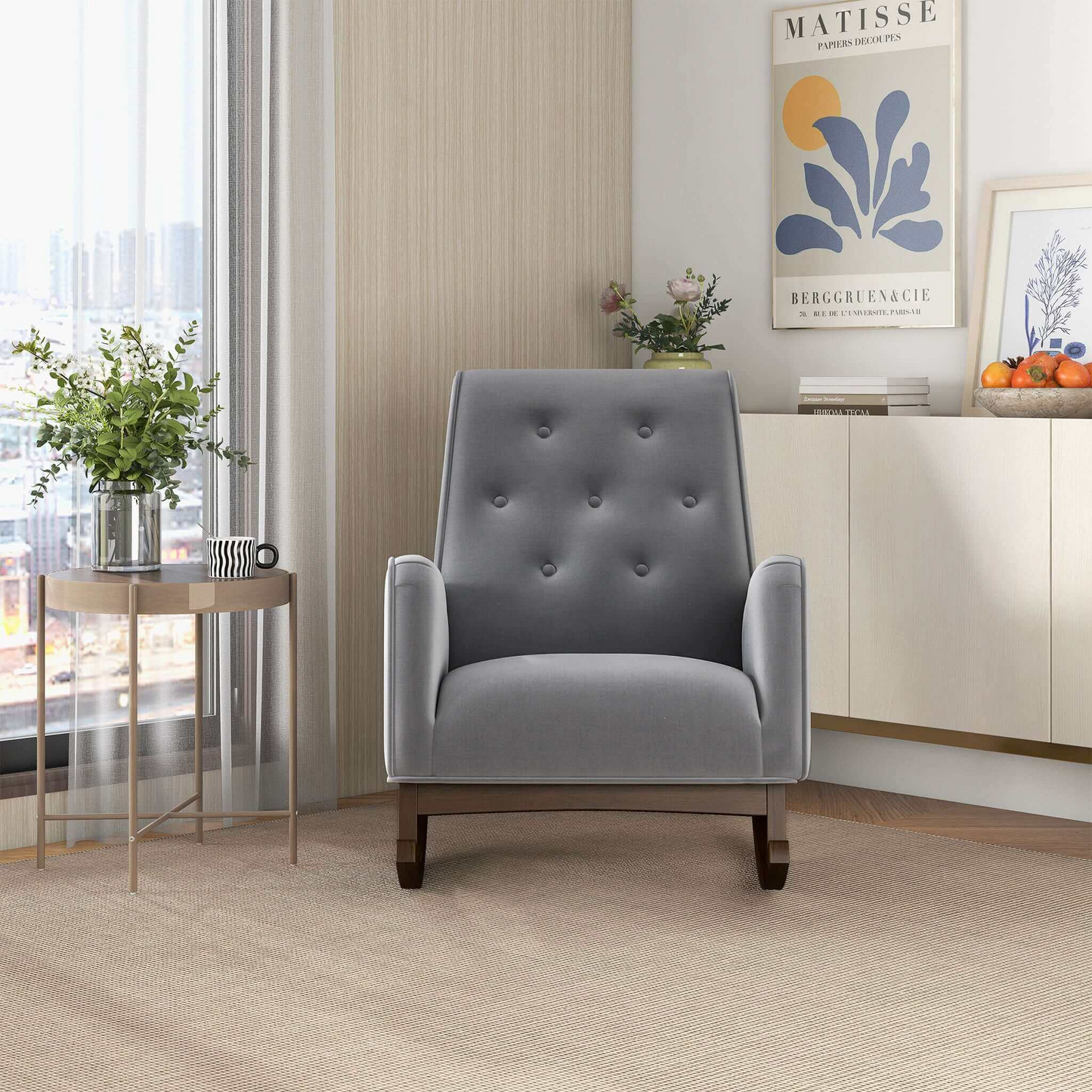 Premium Demetrius Light Grey Fabric Solid Wood Rocking Chair For Living Room And Nursery 36.6  H X 27.5  W X 39  D Or Living Room Bedroom Reading