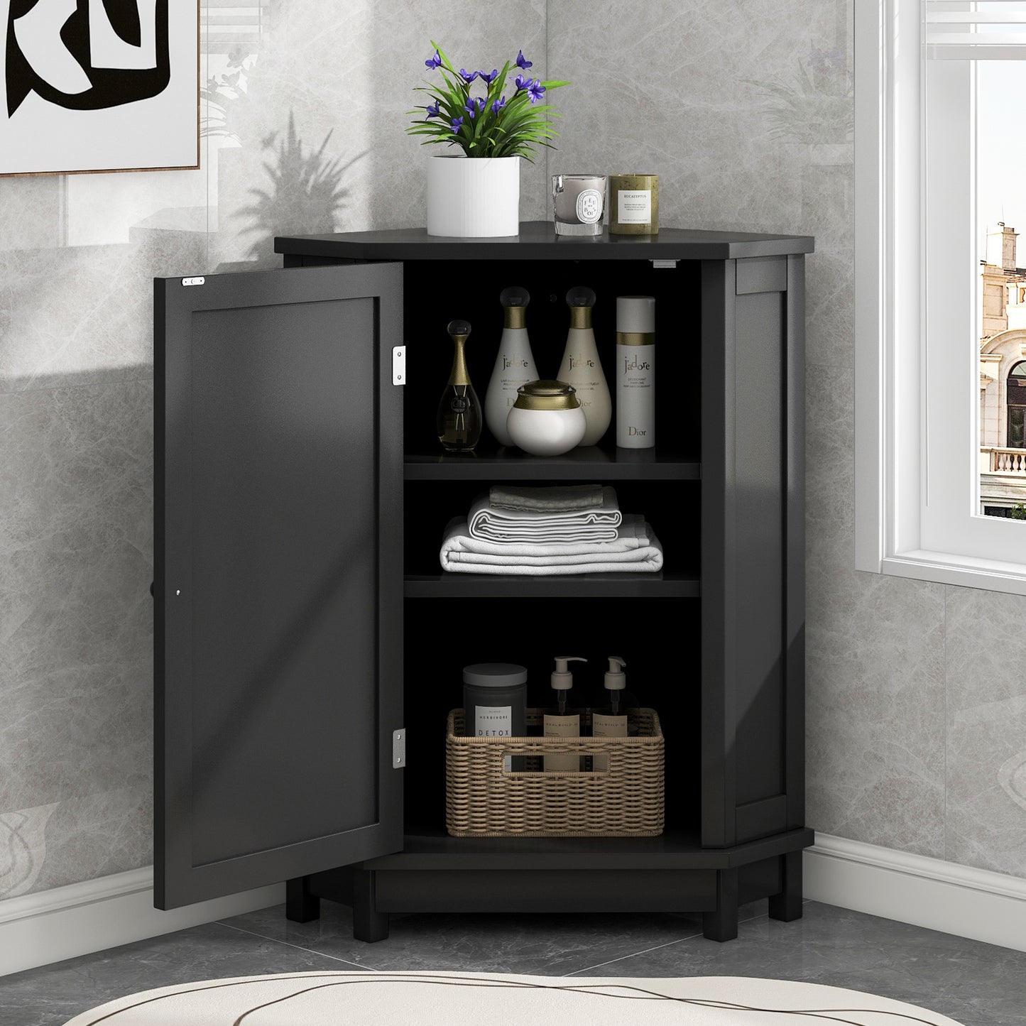 Black Bathroom Cabinet Triangle Corner Storage Cabinet With Adjustable Shelf Modern Style MDF Board