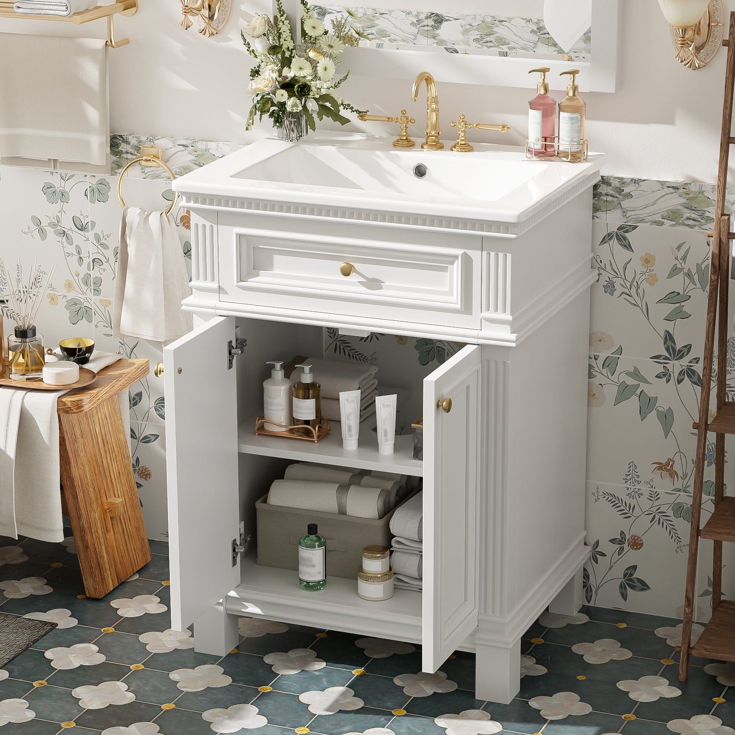 24   Vintage Elegance Bathroom Cabinet With Soft Closing Doors And Adjustable Shelf, Bathroom Vanity With Ceramic Sink