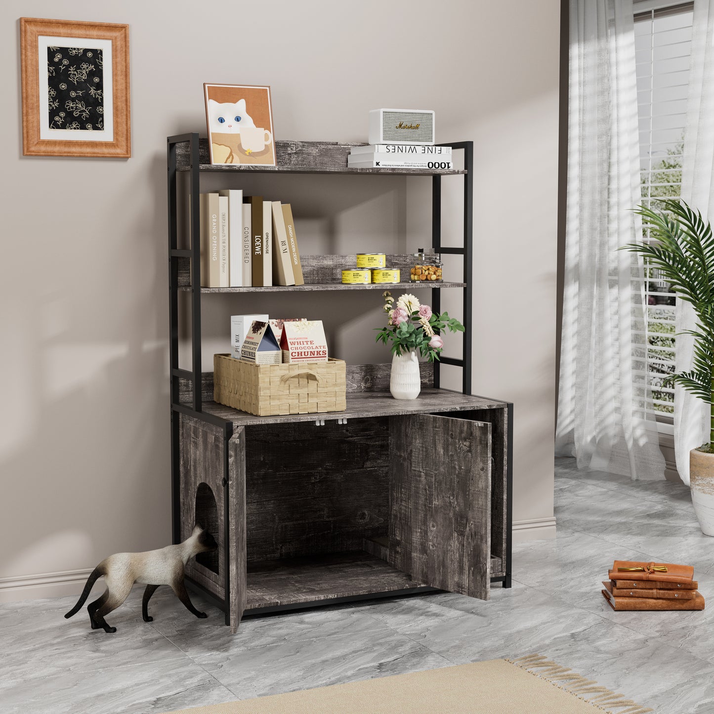 Large Cat Litter Box Enclosure With Shelf Storage, Hidden Cat Washroom Furniture, Wooden Cat House With Scratch Pad, Sturdy Indoor Cat Cabinet With 2 DoorsGrey