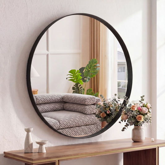 Round Wall Mirror With Metal Frame, Bathroom Round Wall Mirror