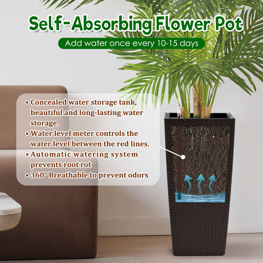 Pack Of 2 Square Planter 22-Inch High Faux Rattan Design Flower Pot With Automatic Watering System For Porch Patio  Makes Keeping Flowers Brown Color Planter