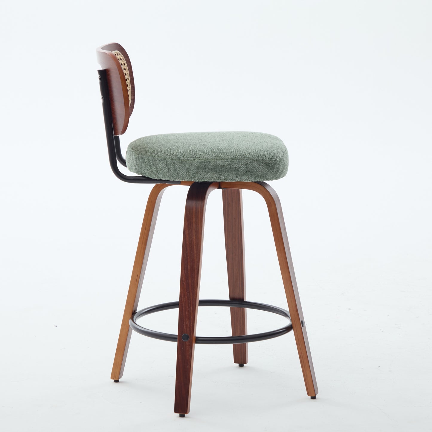 Set Of 3, 26-Inch Counter Height Bar Stools - Walnut Black, Cane Rattan Back, Light Green Linen Upholstered Seat, Swivel Design For Kitchen Island Bar Counter,SW3766OL