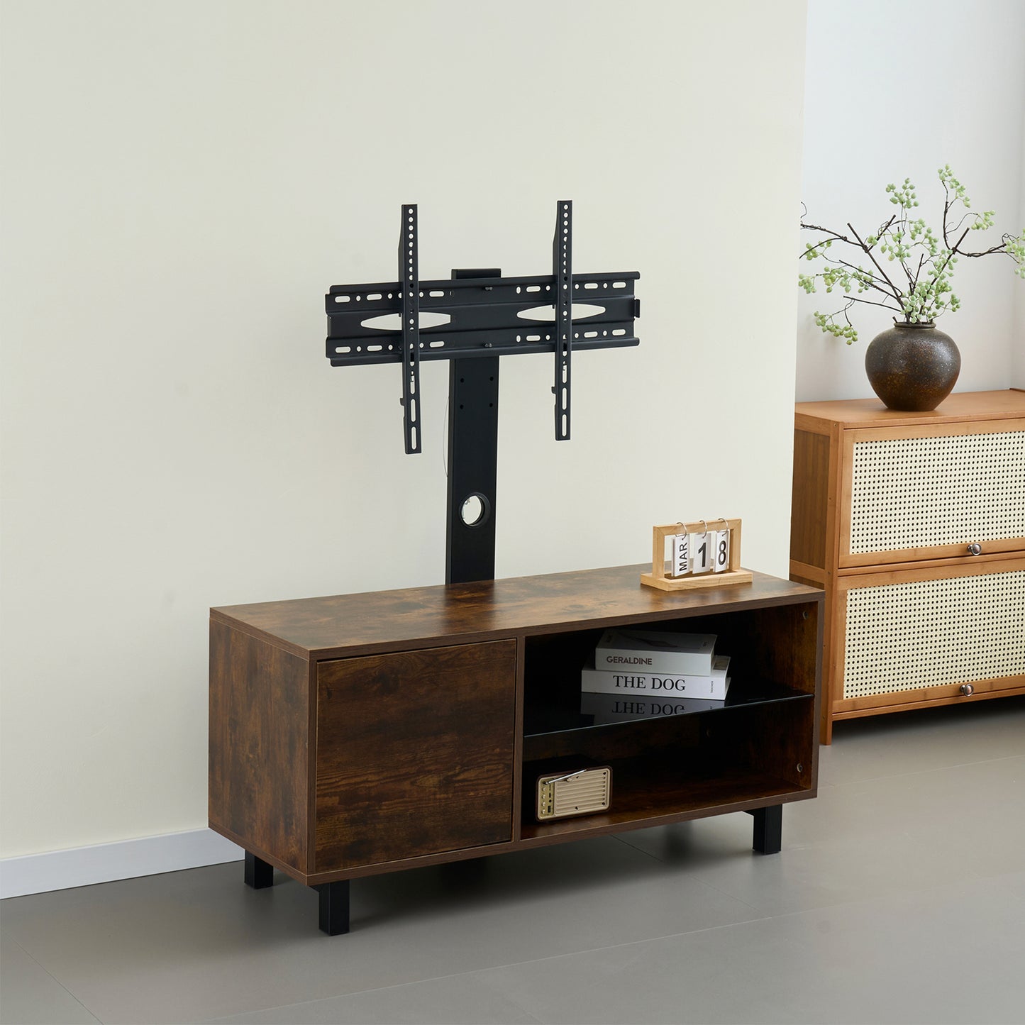 Rustic Brown TV Console With Push-to-open Storage Cabinet For TV Up To 65in Wood &glass TV Stand For Living Room Bedroom